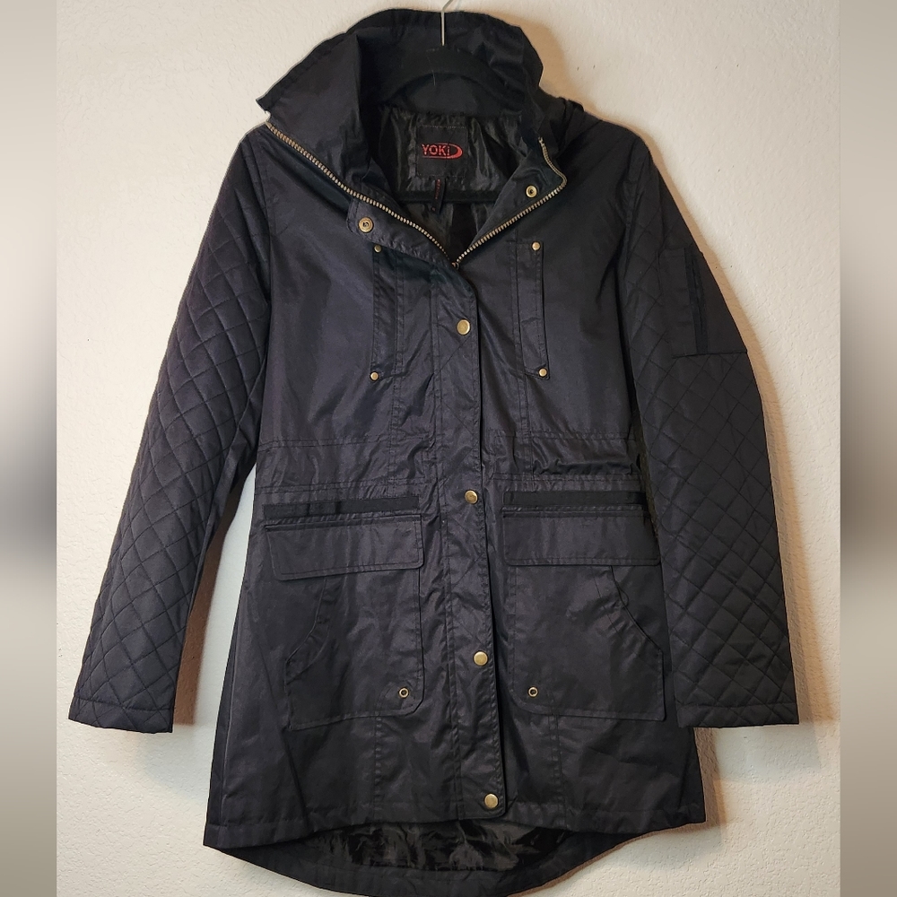 Yoki Quilted Sleeve Longer Length‎ Black Rain Jacket, Size M